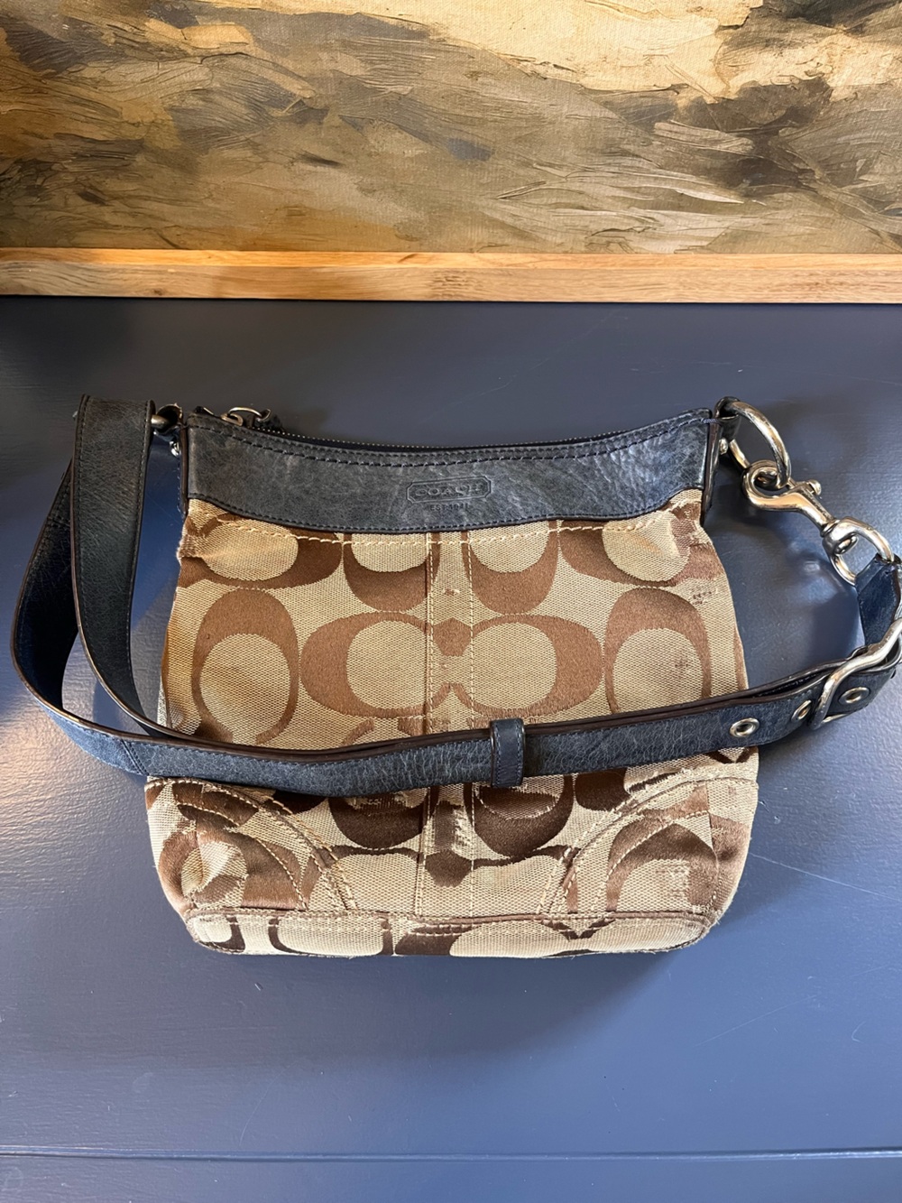 Coach Vintage Demi Crossbody Bag Navy Jacquard Canvas Leather Y2K Classic